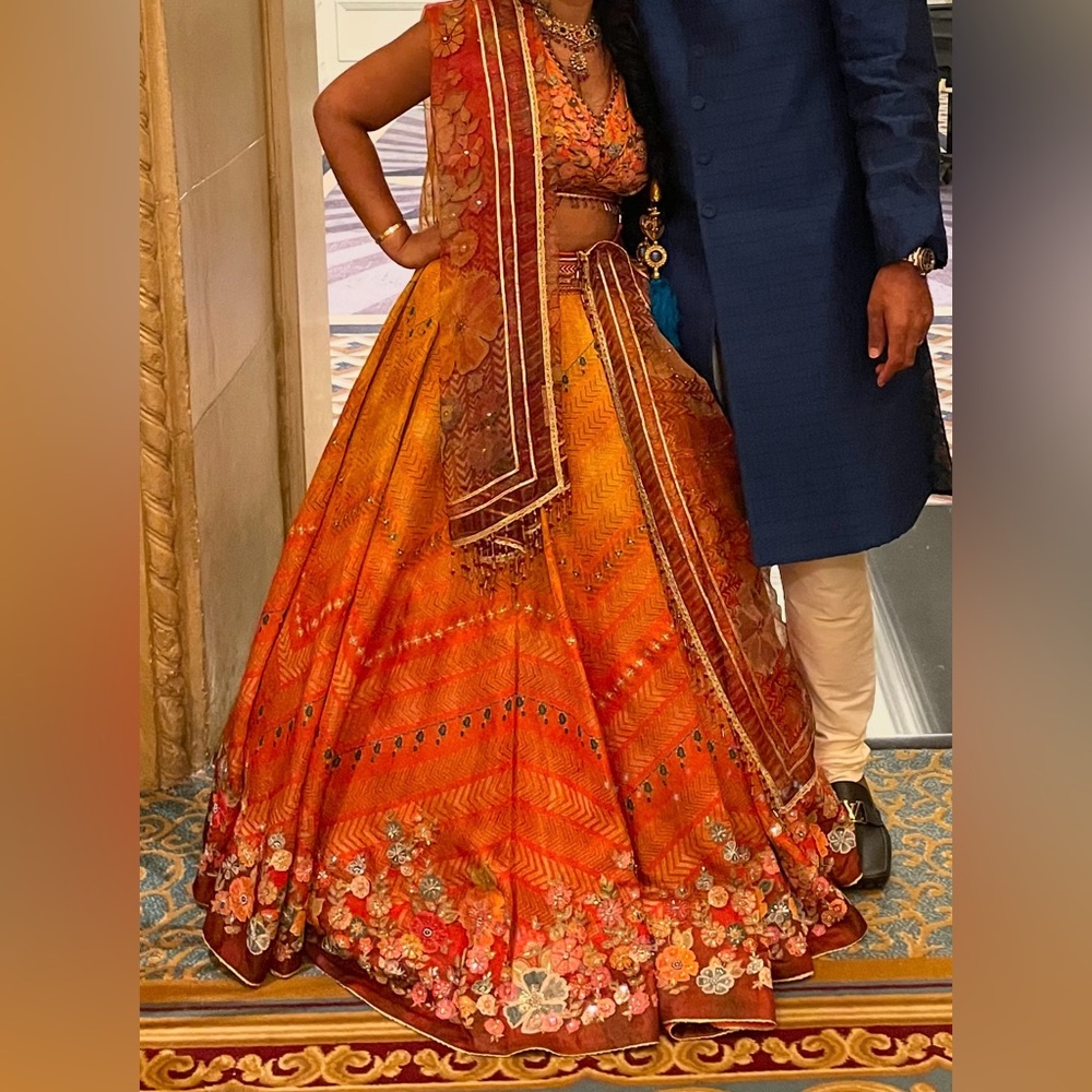 Tarun Tahiliani Kasab Satin Lehenga w/Rined Sleeveless Blouse and Dupatta